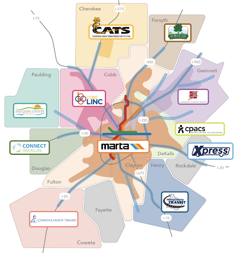 Figure 1 - Diagrammatic map of the 13-county ATL region and the service areas of the 11 transit operators covered in the Annual Report and Audit. Source - ATL 2021 Annual Report and Audit