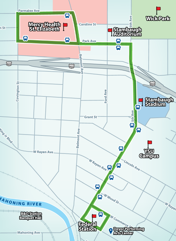A map of a bus route in Youngstown, Ohio. The bus travels north and west from the bus station to the hospital.