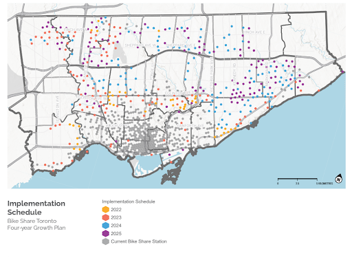 Map of Toronto showing grey dots for all current bikeshare systems, and colored dots showing planned stations