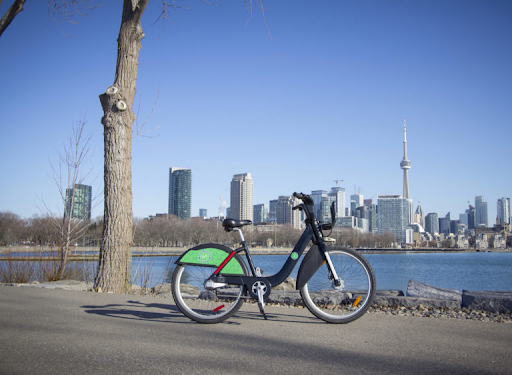 Bike Share Toronto bike against the Toronto skyline