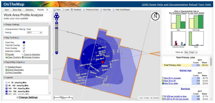 Screenshot from the Longitudinal Employer-Household Dynamics Origin-Destination Employment Statistics (LEHD-LODE) tool that provides a Work Area Profile Analysis.