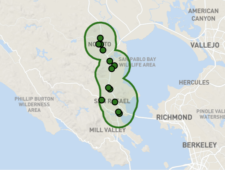 Map of the Marin Connect service area and the high-ridership bus, rail, and ferry terminals.