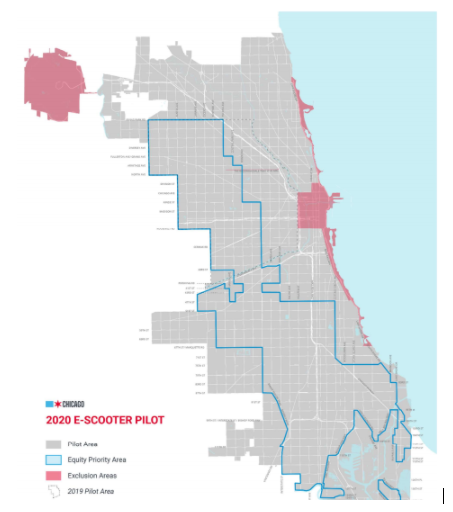 Map of Chicago outlining the 2020 E-Scooter Pilot area. The map outlines the Equity Priority Area in blue which is primarily Chicago's South and West sides. There exclusion areas are marked in red.