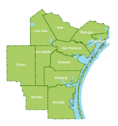 Map of 11 Texas counties served by pilot program