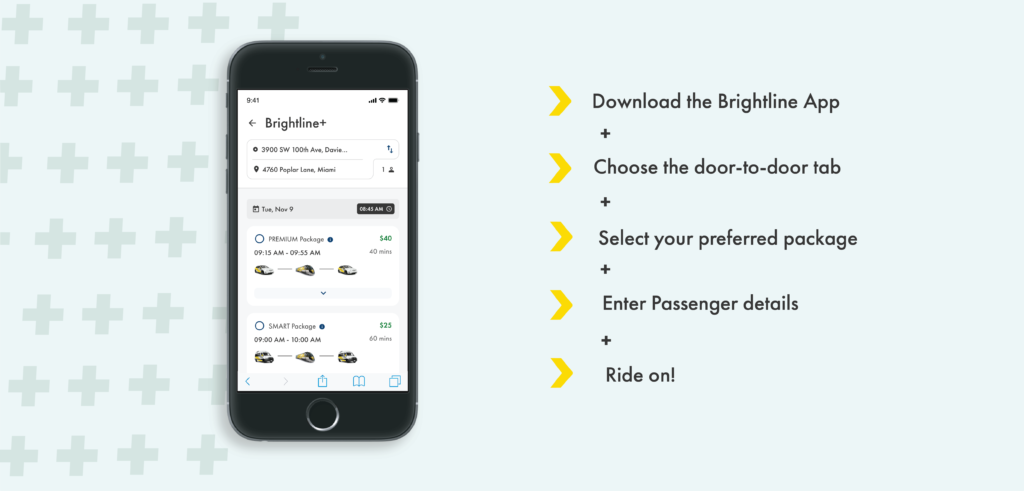 Image of Brightline+ booking options on Brightline app
