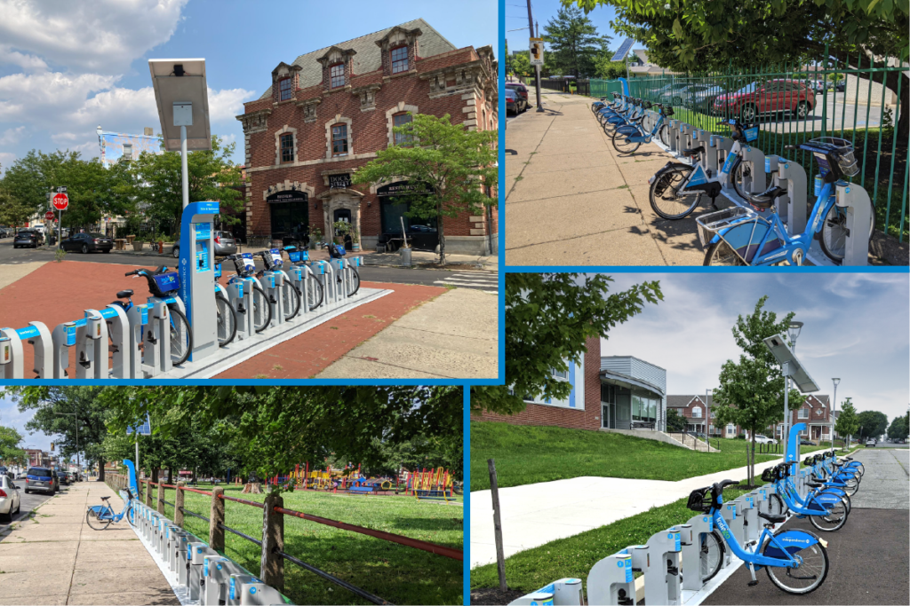 Image of Indego bikes at different bikeshare docking stations