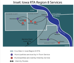A map showing communities serviced by Region 8 RTA