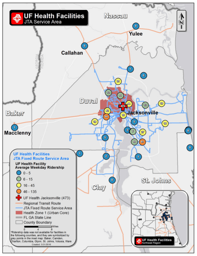 Map of JTA Rides to Wellness service area