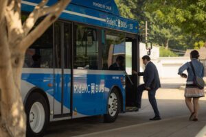 Passengers boarding a bus. 