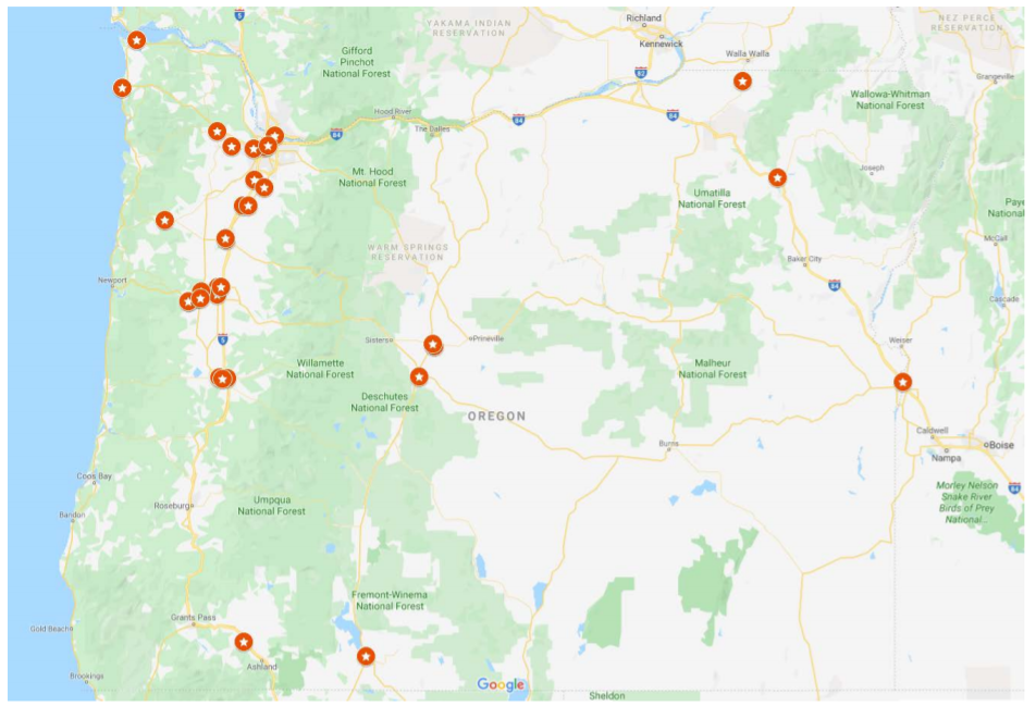 Map of the key transit hubs in Oregon.