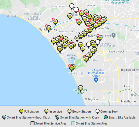 Map of Metro Bike Share Bicycles and Stations on LA County's Westside