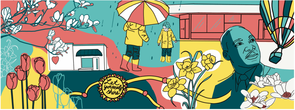 Artwork including flowers, a portrait of MLK, children in the rain, and buildings