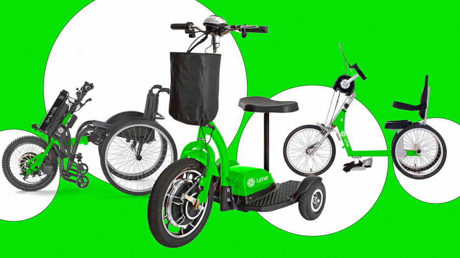 Image of Lime's accessible vehicles, including and a motorized attachment for a wheelchair, a three-wheel sit-down scooter, and a single-person 3-wheel handcycle