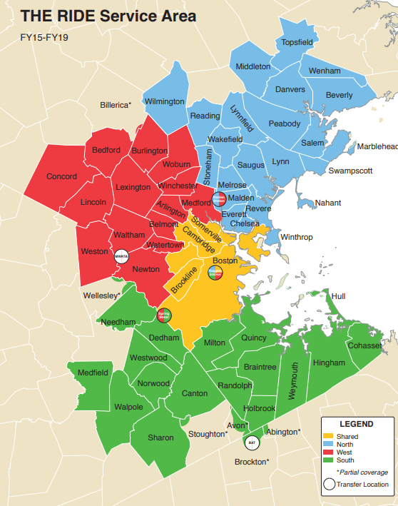 Map of the Ride service area. Features four different zones centered around downtown Boston.