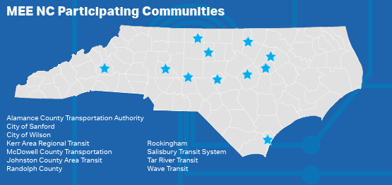 A map of North Carolina displaying participating MEE NC Communities. 