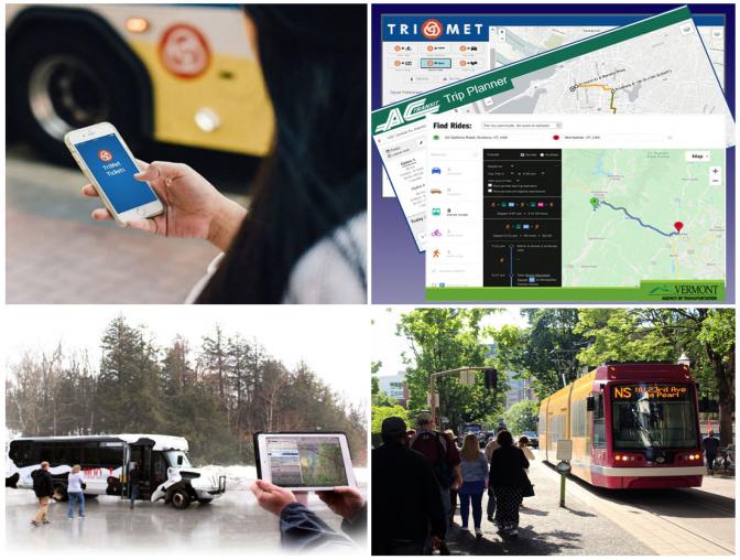 Collage of four images. The first image is a woman holding a smartphone near a bus. The second image is screenshots of various trip planners. The third image is a person holding an ipad and looking at a bus which is colored in black and white. The fourth image is a group of people waiting as a tram pulls up