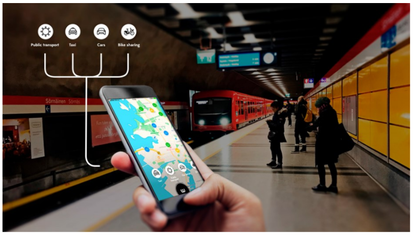 A picture of a person waiting at a train station with their smartphone out, selecting their method of transportation: public transport, taxi, cars, or bike sharing, as an example of Mobility as a service.