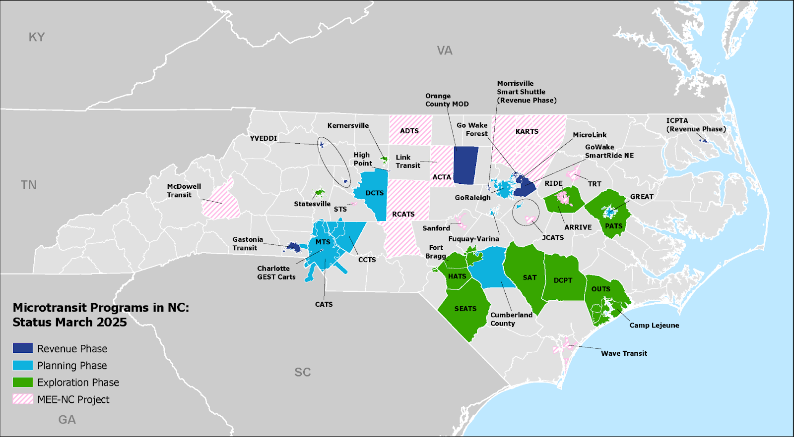 A map displaying all regions in north Carolina with microtransit programs.