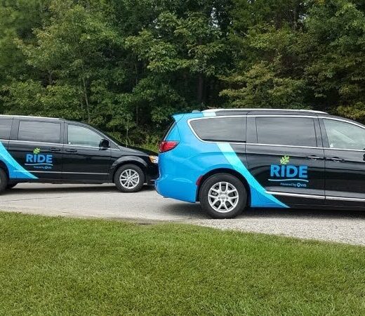 Two minivans are parked along a driveway.