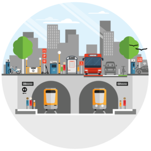Image of different transportation modes located at a mobility hub
