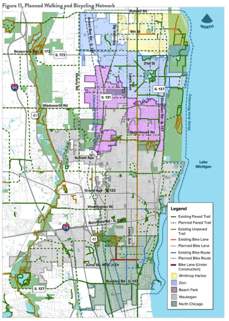 map of waukegan and the surrounding region with existing and planned trails and bike routes printed in different colors