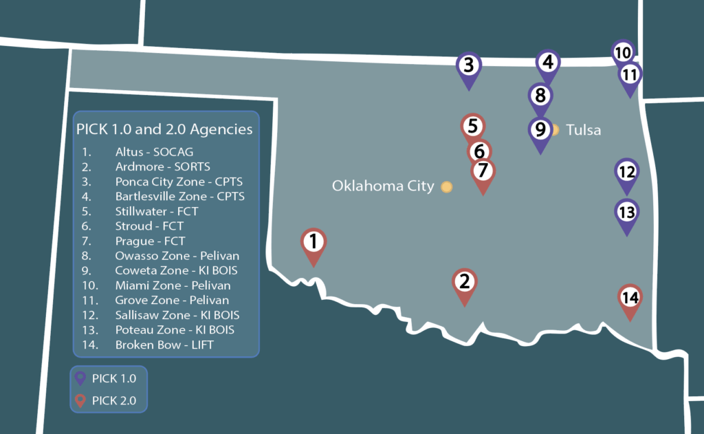 A map of Oklahoma showing locations of PICK 1.0 and PICK 2.0 agencies, indicated by colored map pins. Purple pins represent PICK 1.0 agencies, and red pins represent PICK 2.0 agencies. The map includes a legend listing each agency by number, name, and organization: