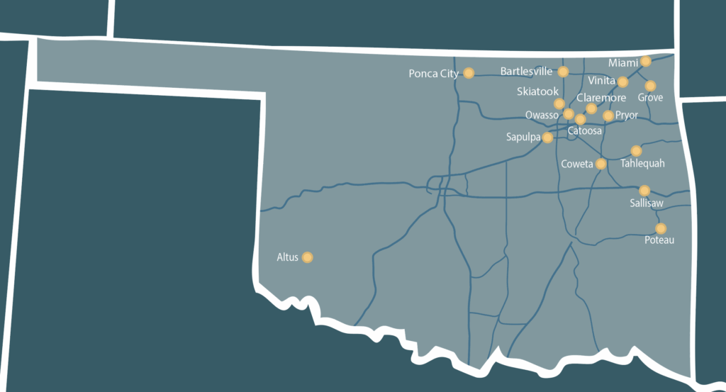 Map of Oklahoma highlighting multiple cities in the eastern and central parts of the state with yellow dots, that are communities served by PICK Transportation. Major highways are shown in blue lines across the state.