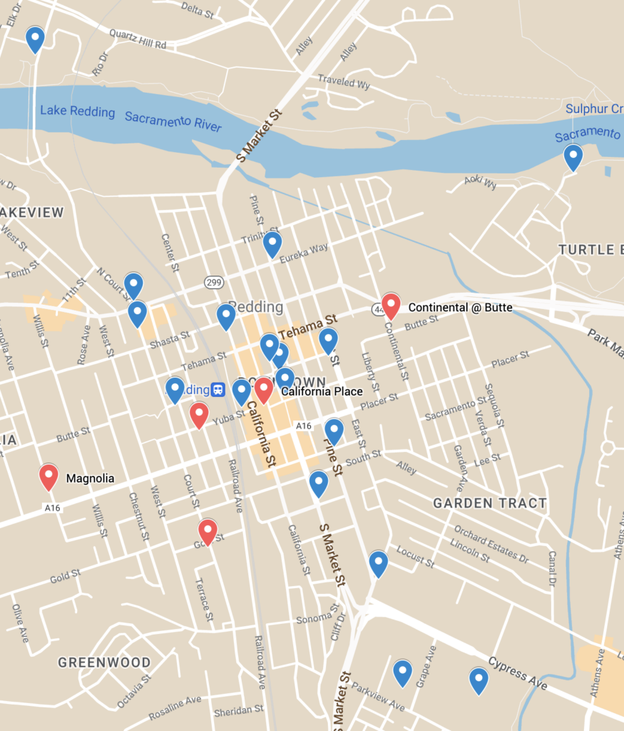 map of downtown Redding with 15 blue icons and 5 red icons scattered around