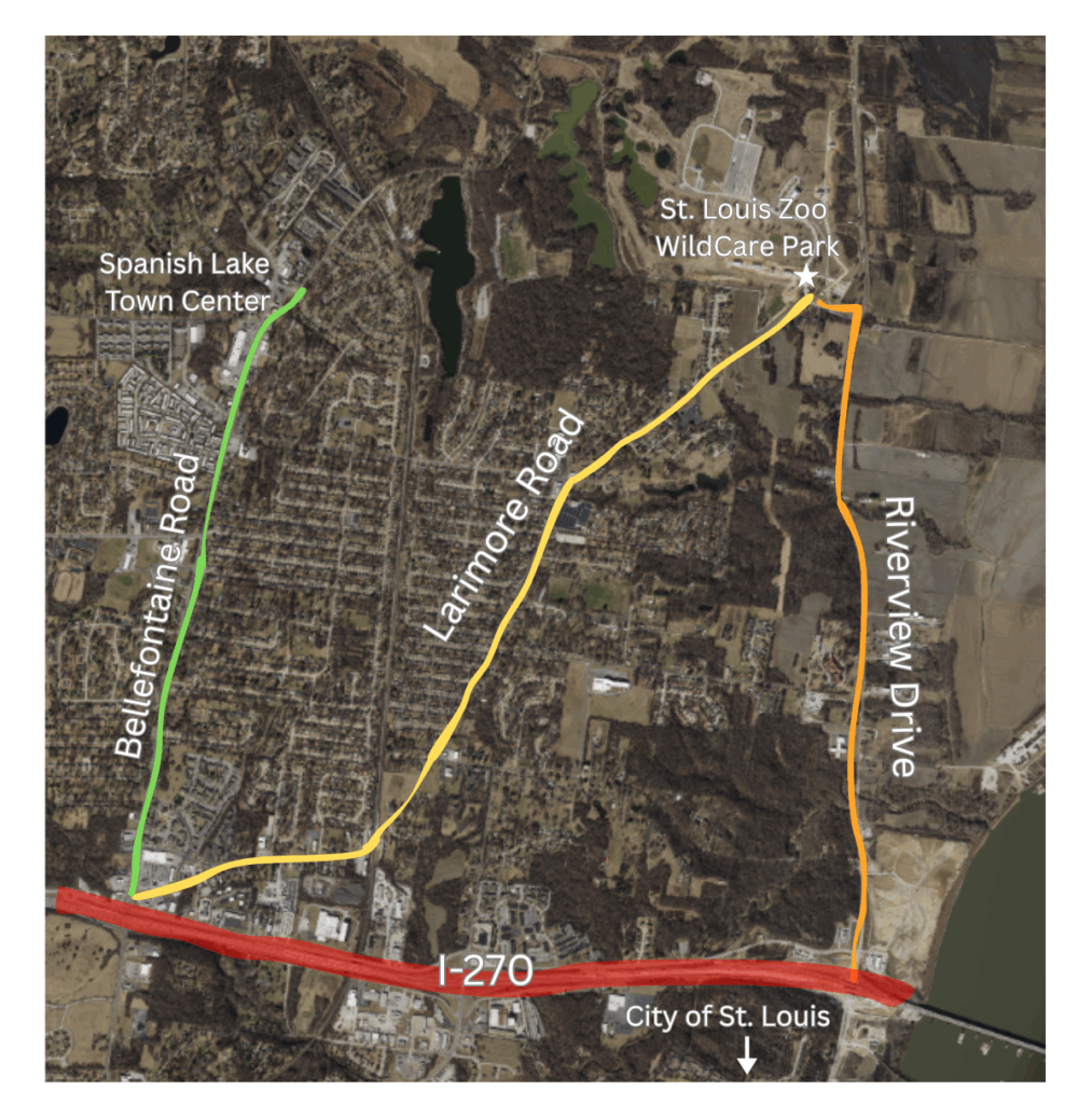 aerial view showing larimore road, st. louis zoo, riverview drive, bellefontaine road, I-270and spanish lake town center