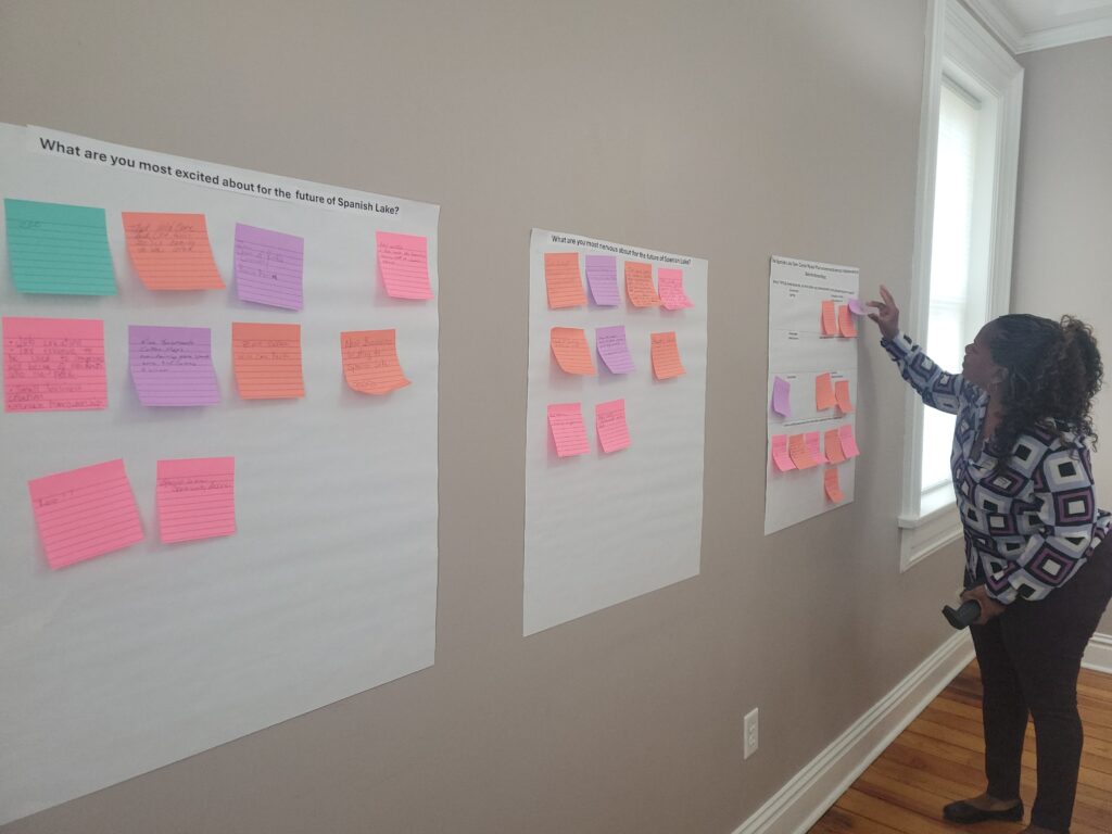 a woman places a post it note on a sheet of paper on a wall