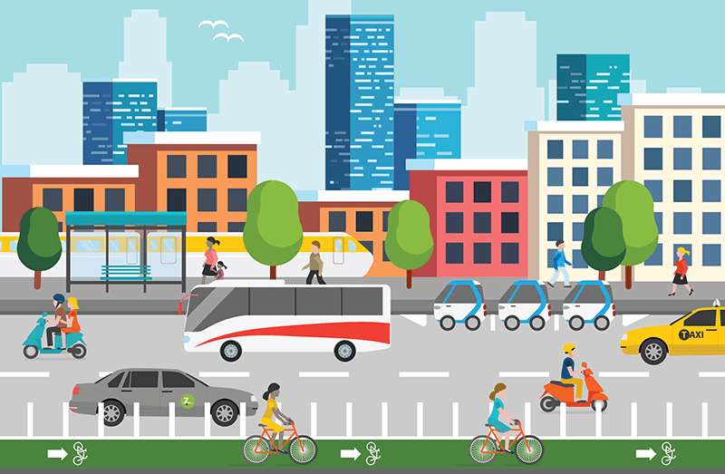 Info graphic showing multi-modal and pedestrian use with city buildings in the background