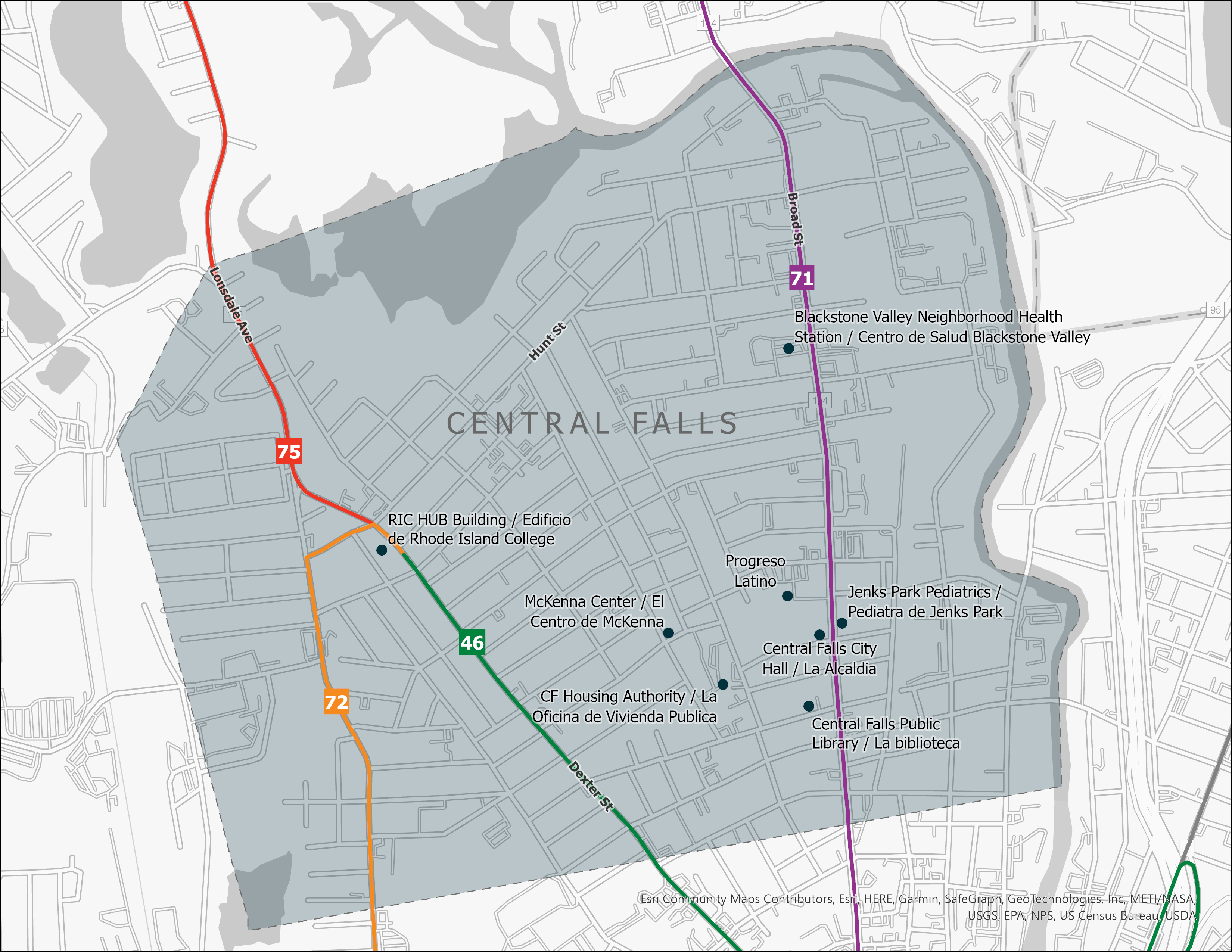 Map of Central Falls showing the Rhode Island Public Transit Authority routes that run through it as well as Wave Card 