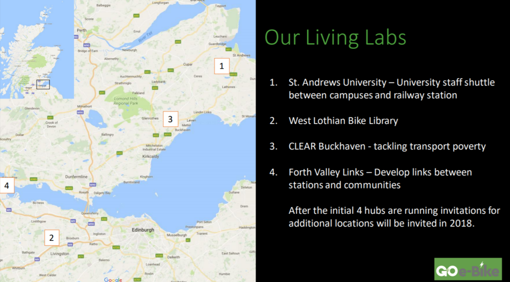 The four initial hubs for Scotland's E-Bike program includes St. Andrews University, West Lothian Bike Library, Clear Buckhaven, and Forth Valley Links