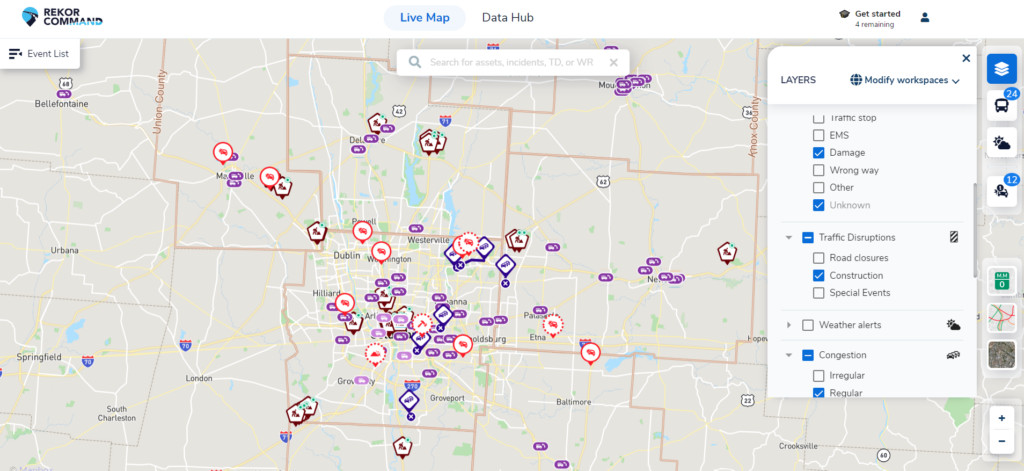 Map dashboard showing circles in different colors with drawings of crashes, cameras, and other features