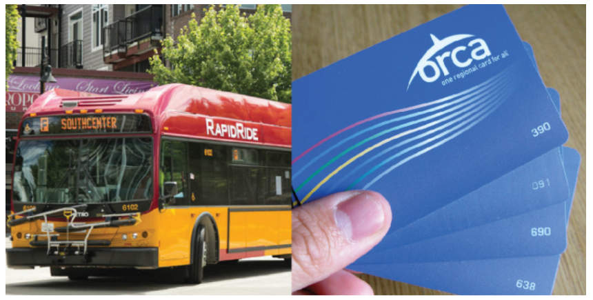 A picture of Seattle's RapidRide hybrid electric bus and public transit ORCA card