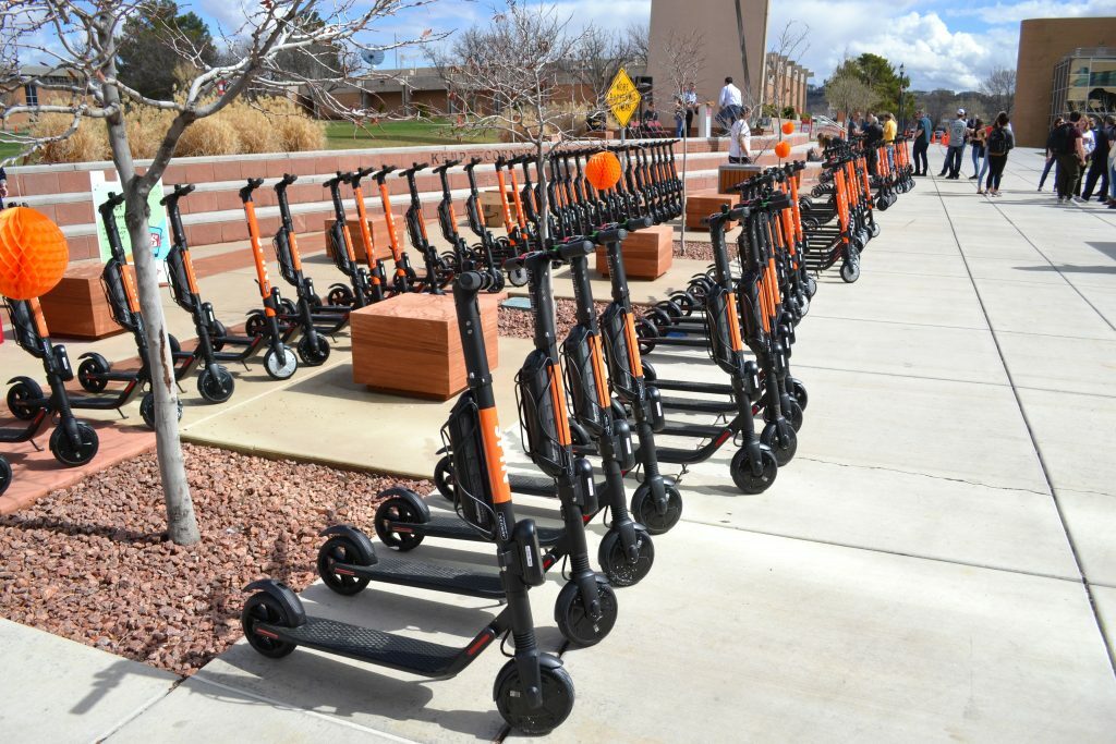 E-scooters displayed at launch event on the Dixie State University campus, St. George, UT