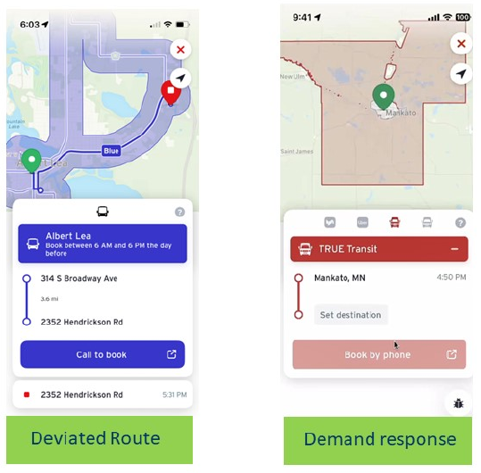 Screenshots of Deviated Route and Demand Response trip planning in Minnesota through the Transit app