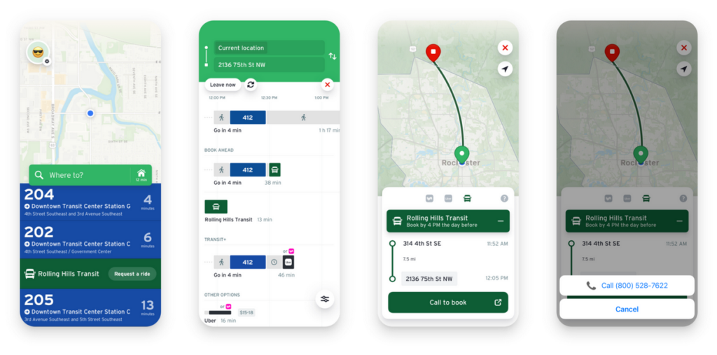 Screenshots of trip being planned with Rolling Hills Transit on the Transit app 