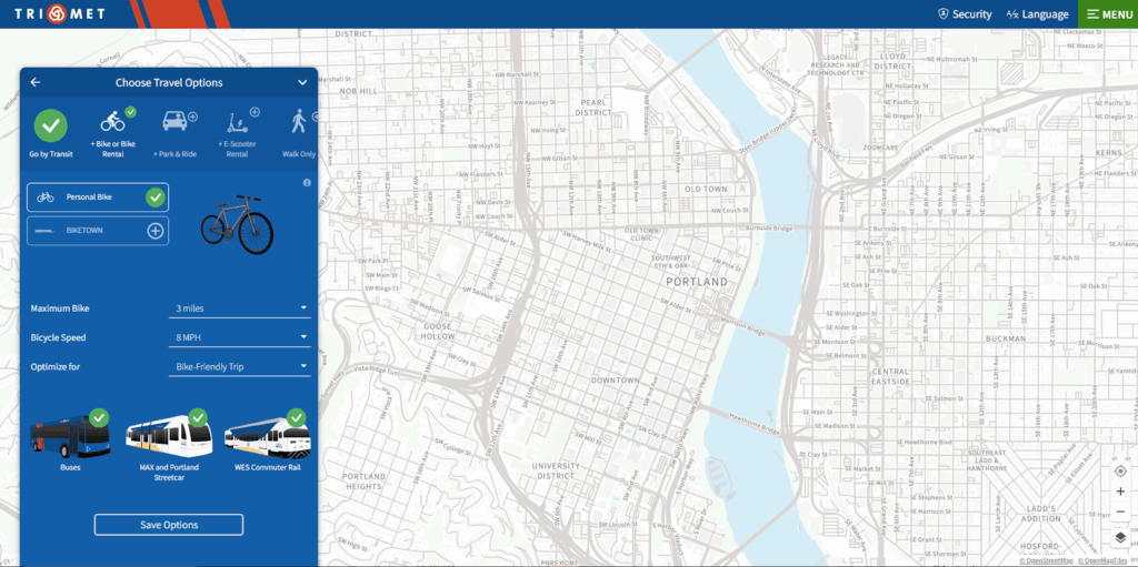 Screenshot of the OTP, with a map of portland and a blue window showing travel options on the left side.