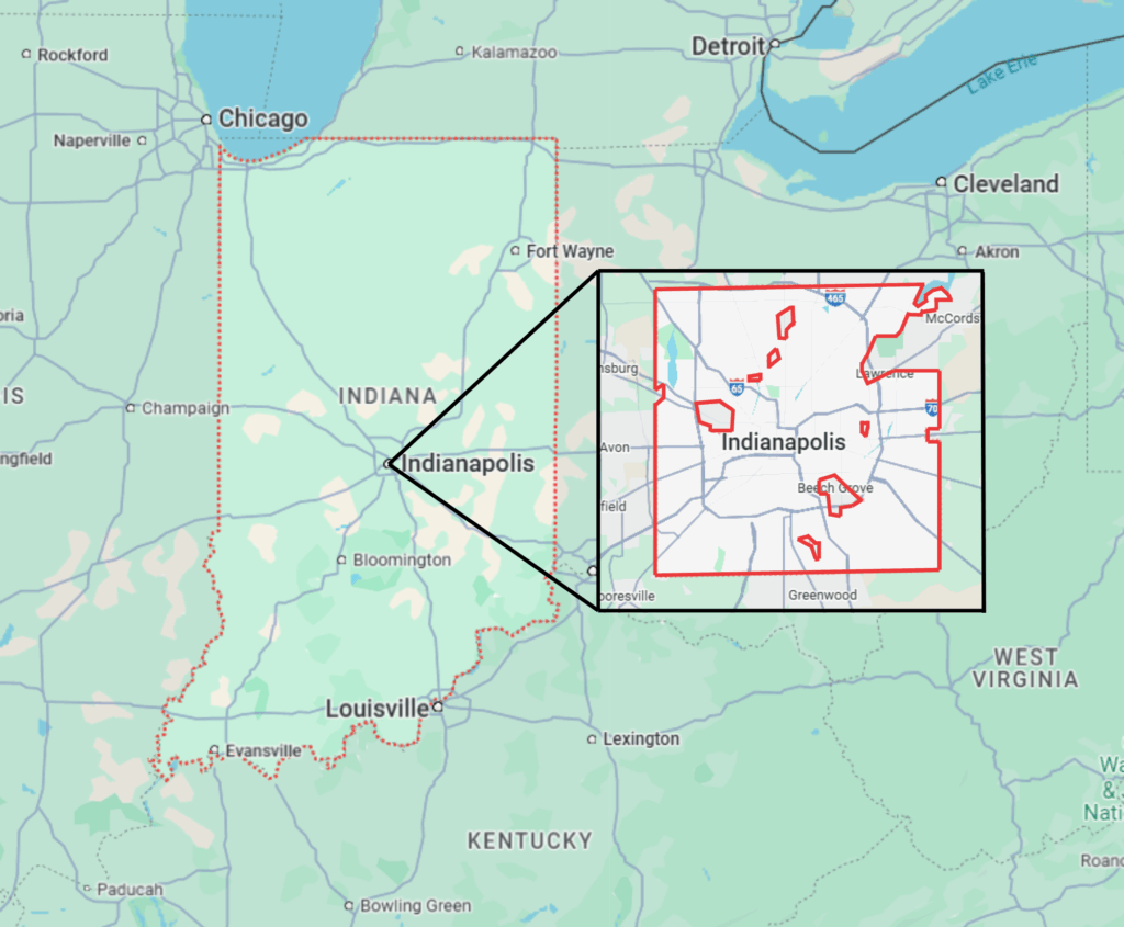 map of Indiana with an insert of Indianapolis outlined in red 