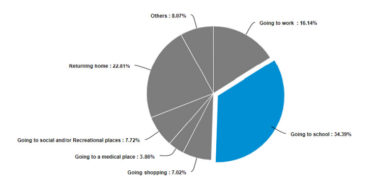 pie chart showing RAPID trip purposes. Going to school: 34.39%, going to work: 16.14%, returning home: 22.81%, Going to social and/or recreational places: 7.72%, going to a medical place: 3.86%, going shopping: 7.02%, others: 8.07%