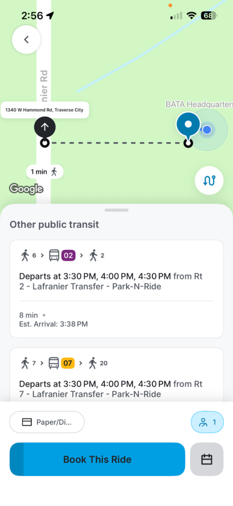 a screenshot of a mobile app with a map. the map shows two icons indicating origin and destination. the text below reads "Other public transit" with icons for a route 02 bus and a 07 bus and "Departs at 3:30pm, 4:00pm, 4:30pm from route 2 - lafranier Transfer - park-n-ride"
