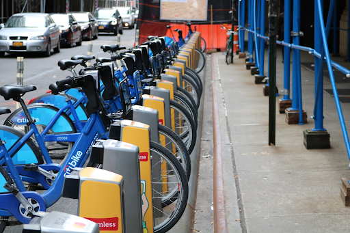 several bikeshare bikes lined up at a dock