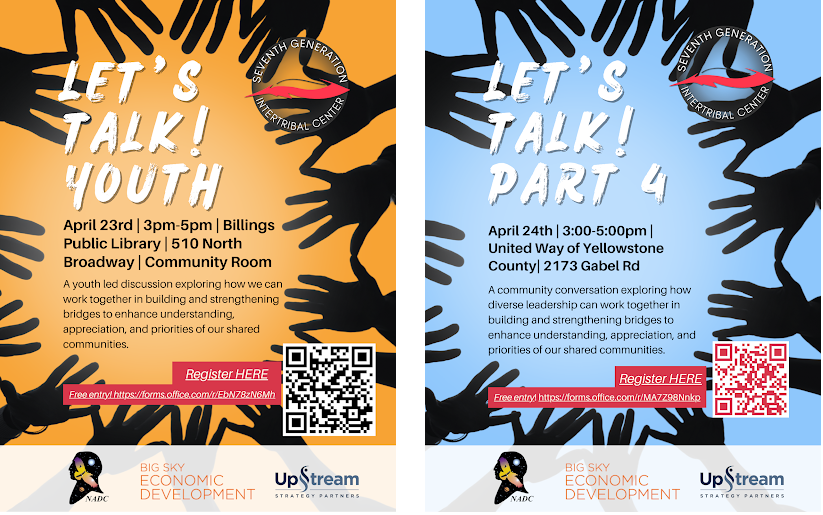 An orange flyer and a blue flyer with the words "Let's Talk! Youth" and "Let's Talk! Part 4" and QR codes.