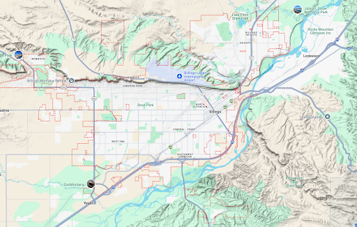 map of billings with the city outlined in red