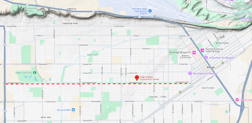 map of billings with a red line along broadwater avenue