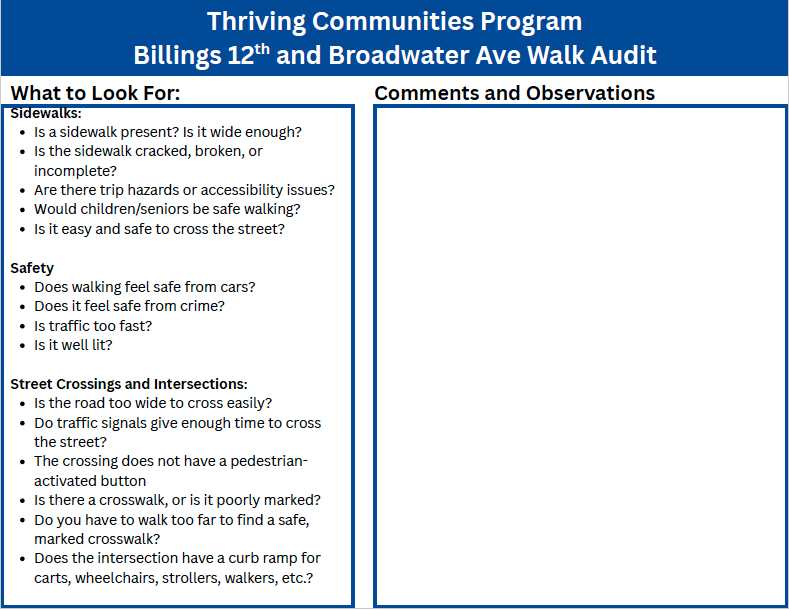 sheet with the words "Thriving Communities Program Billings 12th adn Broadwater Ave Walk Audit. What to Look for (including Sidewalk, Safety, and Street Crossings) and Comments and Observations: 