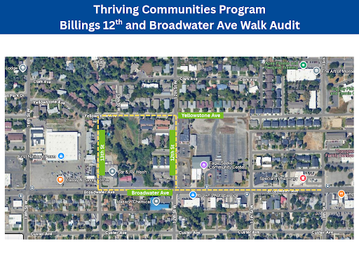 a map of billings with a yellow line going along some of the streets