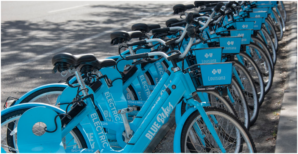 A row of Blue Bikes