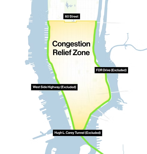 Map of Manhattan with the entire southern half highlighted yellow to show the area of the Congestion Relief Zone south of 60th Street. On the west and east shorelines and extended from the southern tip are green-highlighted roadways labeled, respectively, “West Side Highway (excluded),” “FDR Drive (Excluded),” “Hugh L. Carey Tunnel (Excluded).”